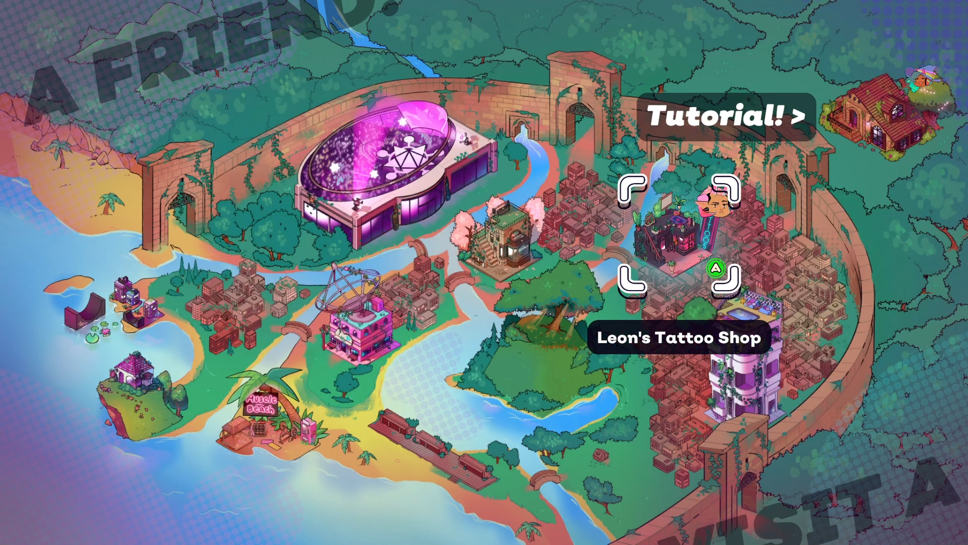 Screenshot of the Spirit Swap map with Leon's tattoo shop highlighted