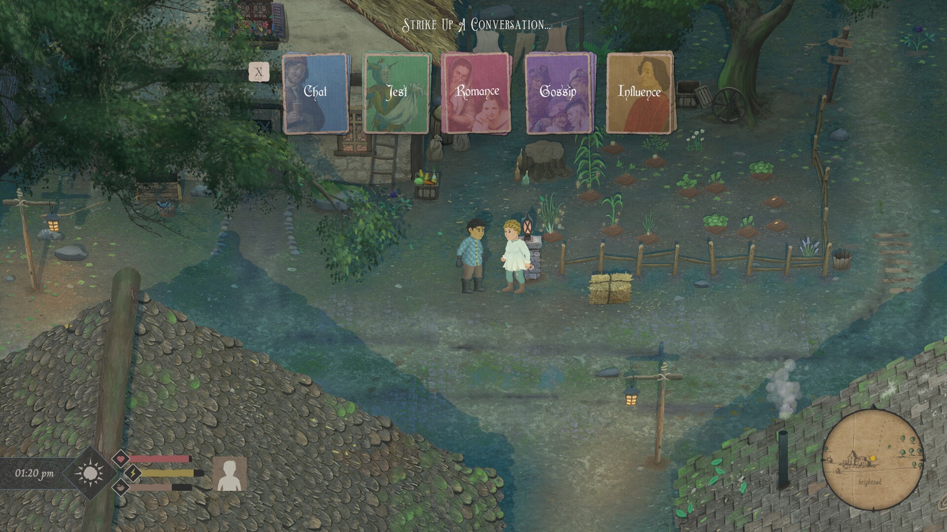 Screenshot from Mistwood of the player character talking with an NPC showing the multiple options for conversation topics: chat, jest, romance, gossip, influence