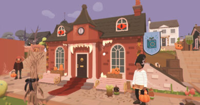 Ooblets screenshot of a house in-game decorated for Halloween