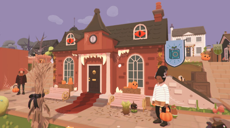 Ooblets screenshot of a house in-game decorated for Halloween