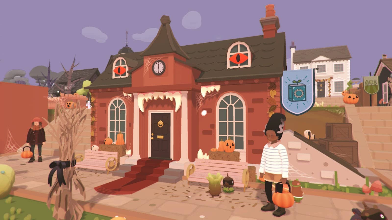Ooblets screenshot of a house in-game decorated for Halloween