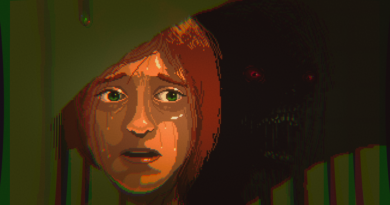 Midnight scenes: From the Woods screenshot of a teen boy looking into a foggy mirror and seeing a shadow monster in the reflection to his right
