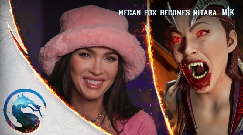 Megan Fox on the left in a fuzzy pink brimmed hat and Nitara the vampire from Mortal Kombat 1 on the right