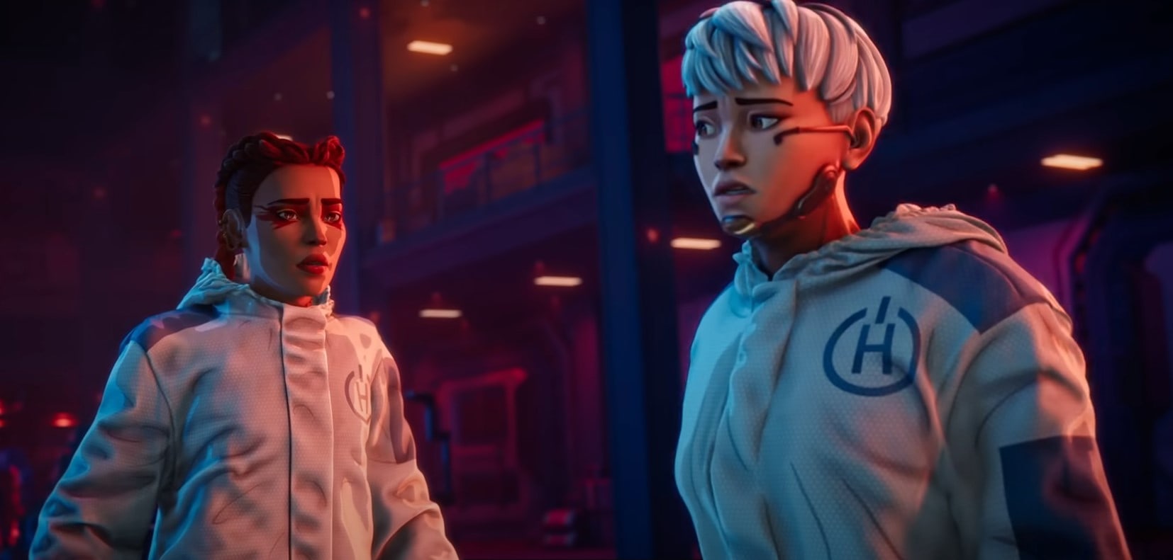 Screenshot from Apex Legends Kill Code of Loba (left) and Valkyrie (right) looking at each other in pain and confusion