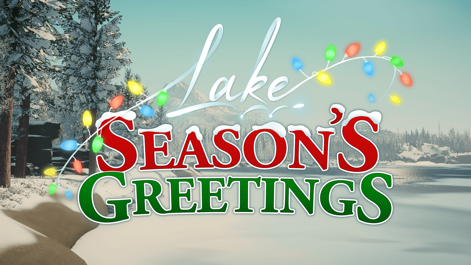 Lake: Season's Greetings DLC graphic featuring Christmas lights around the text