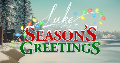 Lake: Season's Greetings DLC graphic featuring Christmas lights around the text