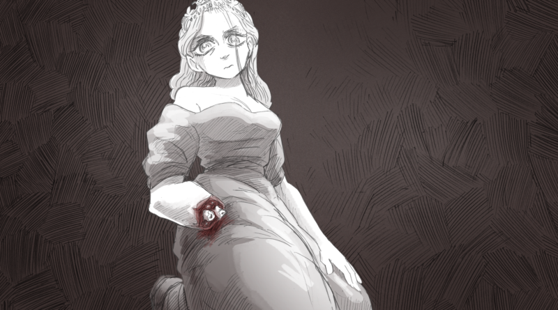 Slay the Princess screenshot of the princess looking down at the camera while one of her hands is cut off