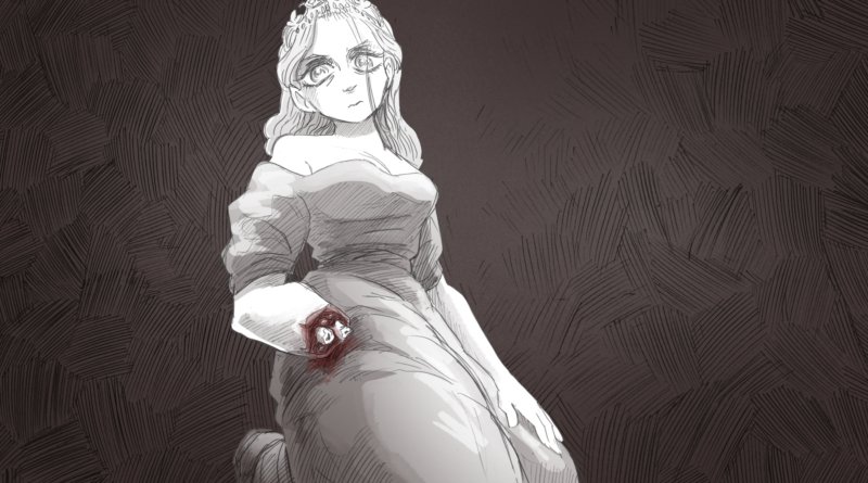 Slay the Princess screenshot of the princess looking down at the camera while one of her hands is cut off