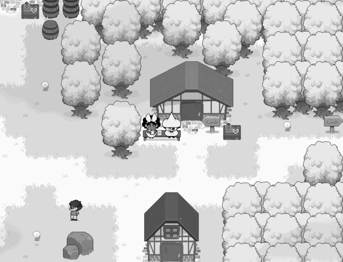 In Stars and Time screenshot of Mirabelle left and Siffrin right sitting on a bench in front of a building together
