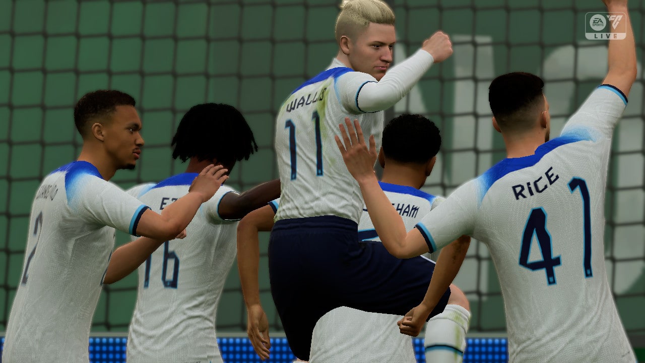 EA FC 24 screenshot of a player being piggy backed in celebration of a goal