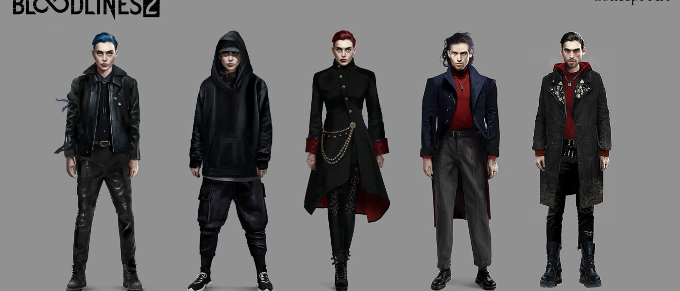 Multiple concept art images of Vampire: The Masquerade Bloodlines 2 protagonist Phyre