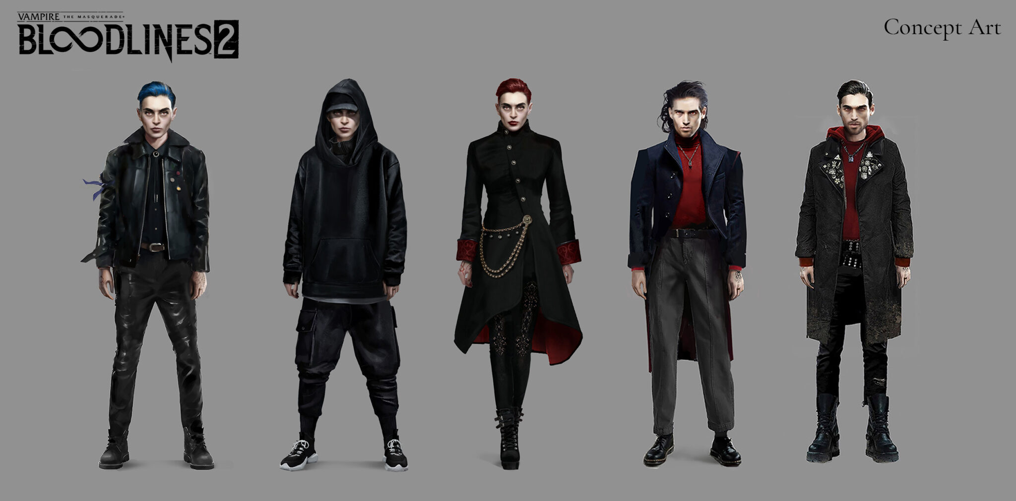 Multiple concept art images of Vampire: The Masquerade Bloodlines 2 protagonist Phyre