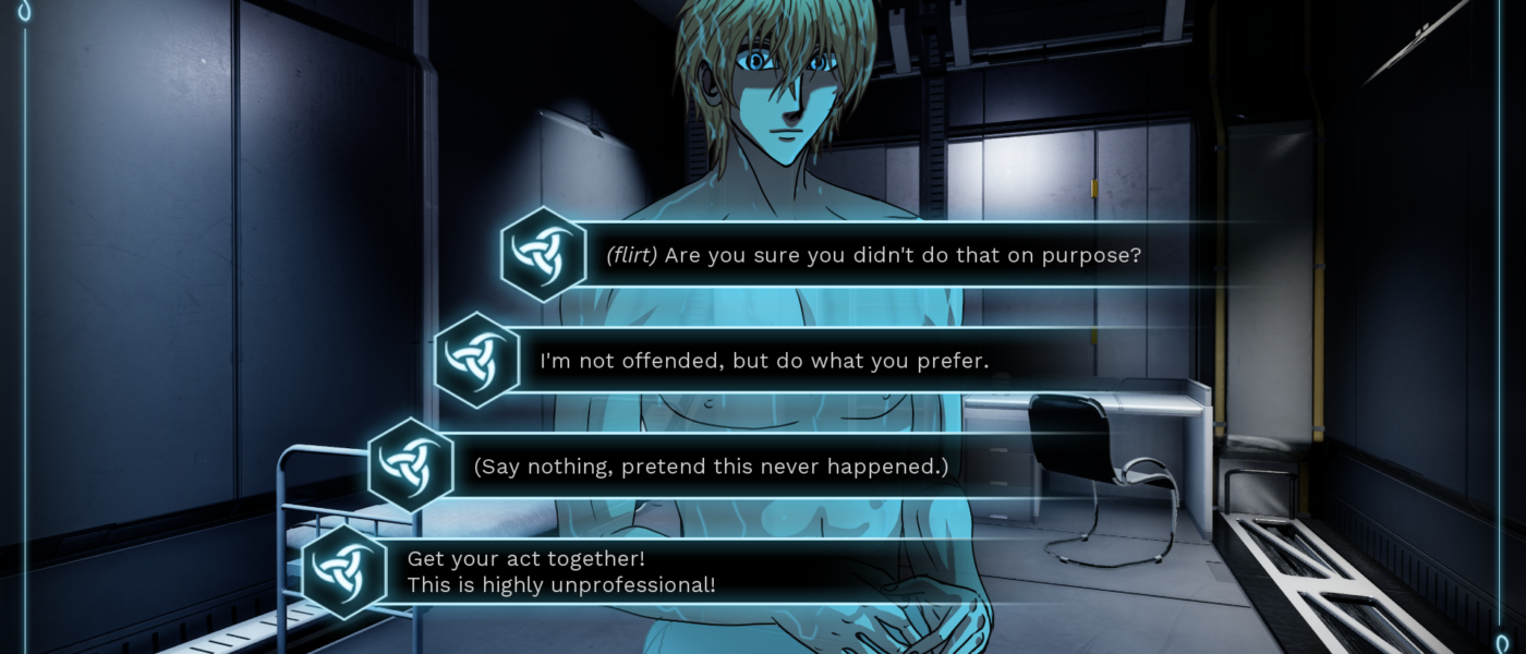 Screenshot of a Gods of the Twilight NPC in just a towel with dialogue options to ask why he's naked