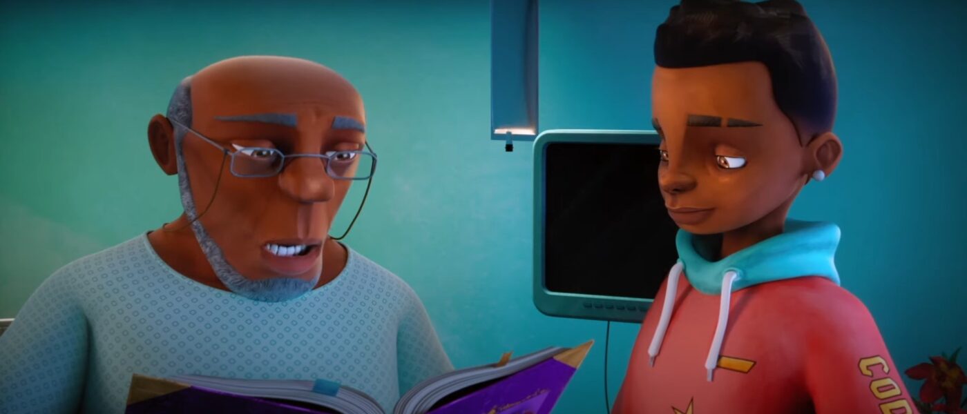 Screenshot from PACEMAKER short film of the grandfather (left) and trans grandson (right) looking at a book together