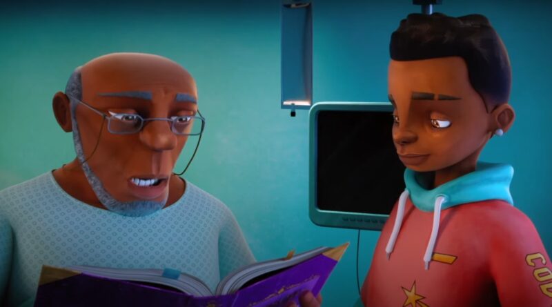 Screenshot from PACEMAKER short film of the grandfather (left) and trans grandson (right) looking at a book together