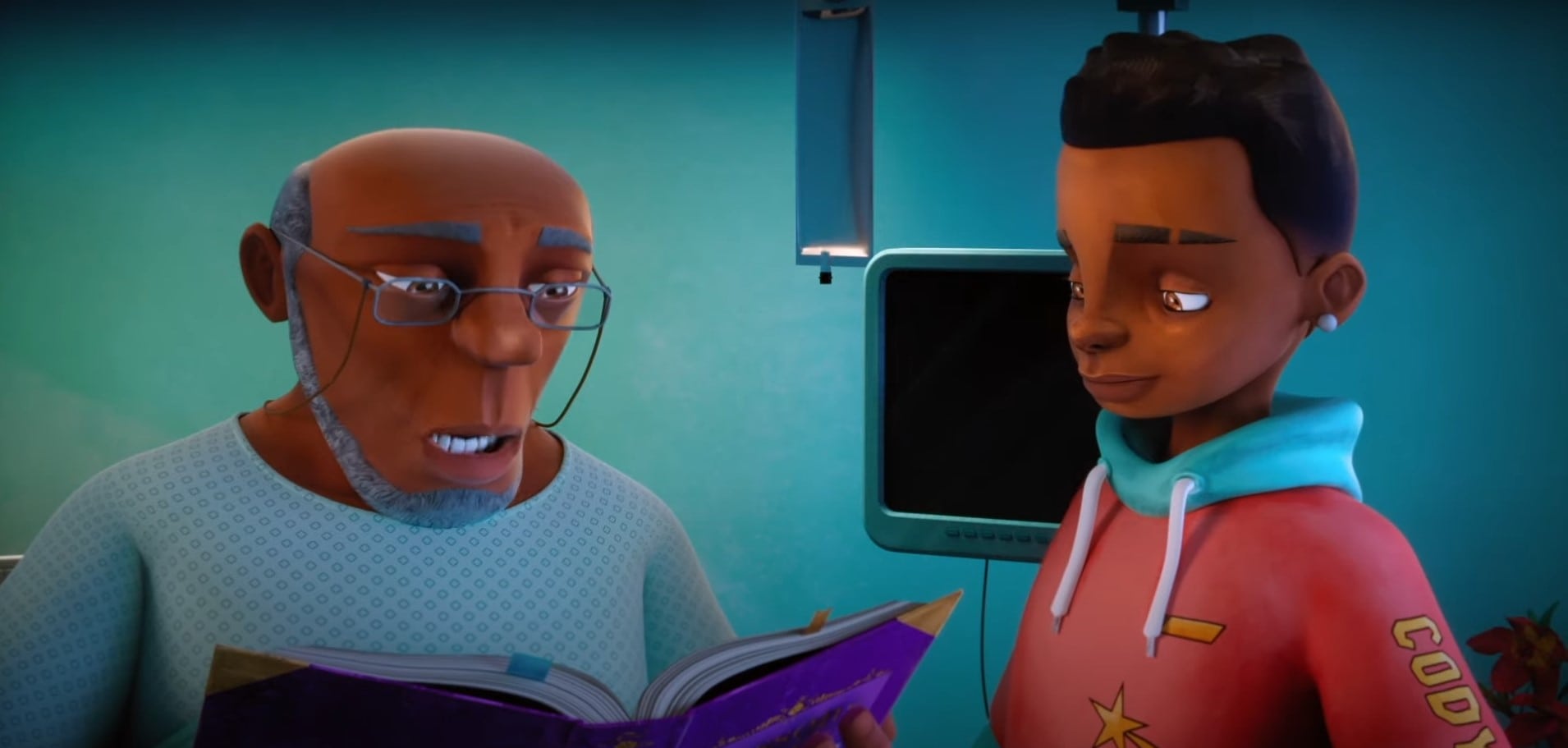 Screenshot from PACEMAKER short film of the grandfather (left) and trans grandson (right) looking at a book together