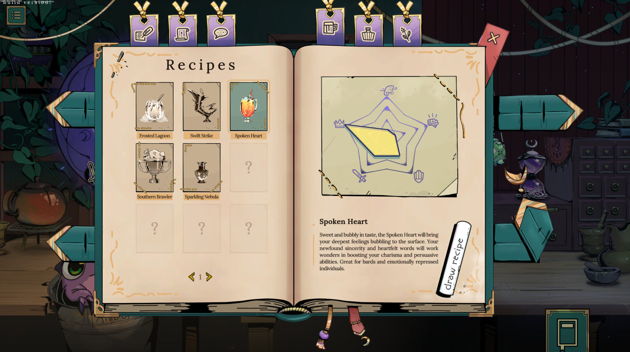 Tavern Talk screenshot of the recipe book the innkeeper uses to make drinks