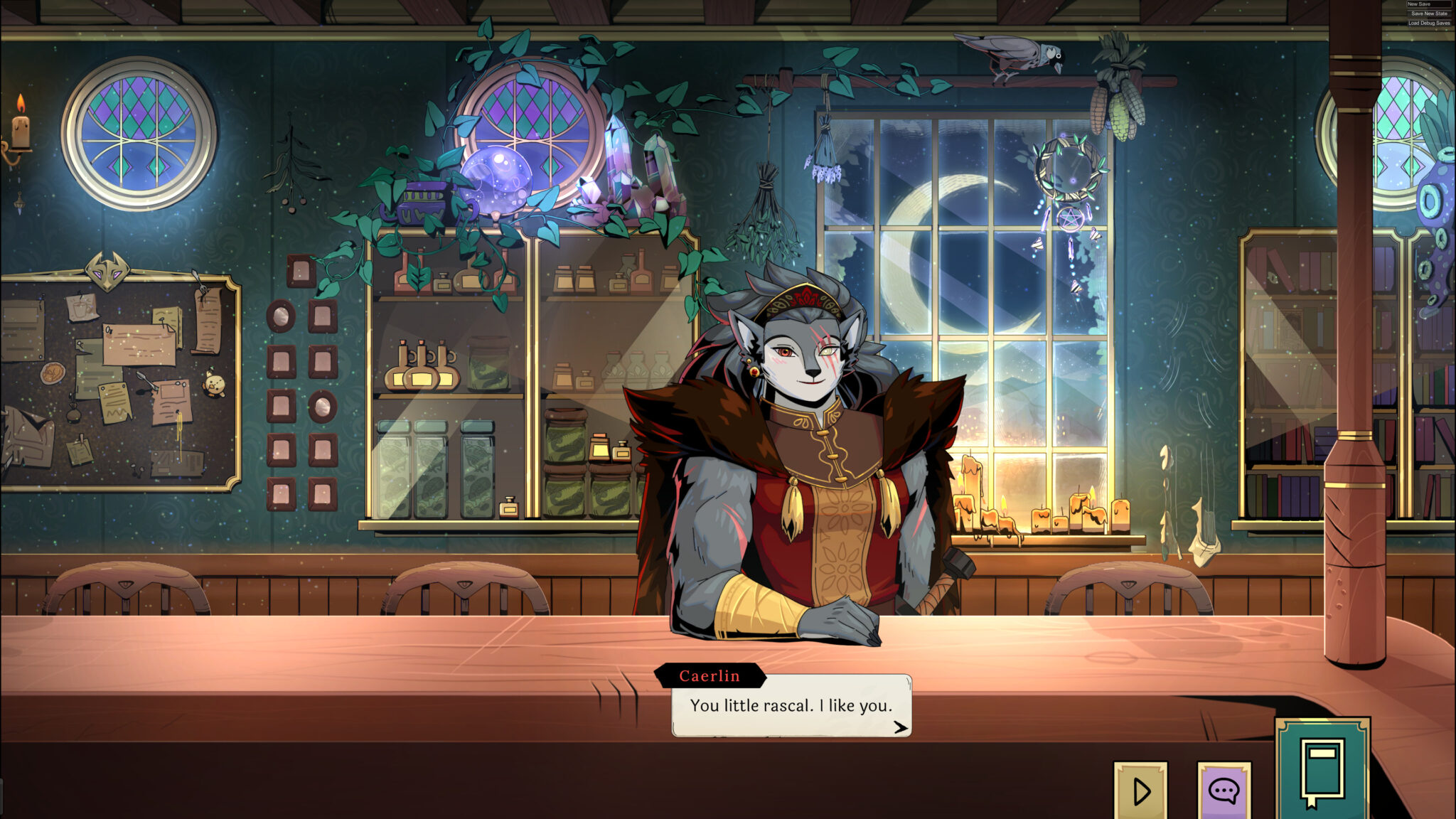 Tavern Talk screenshot of a wolf-person character named Caerlin saying "You little rascal. I like you."
