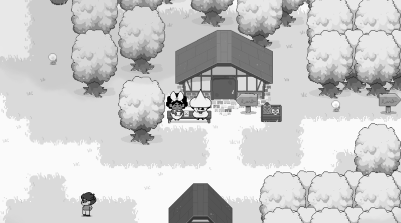 In Stars and Time screenshot of Mirabelle left and Siffrin right sitting on a bench in front of a building together