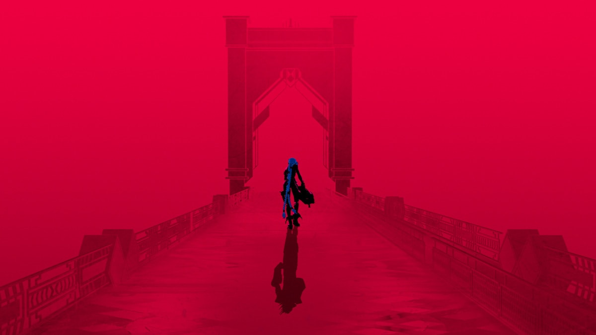 Arcane season 2 image of Jinx walking up a bridge cast in pink away from the camera