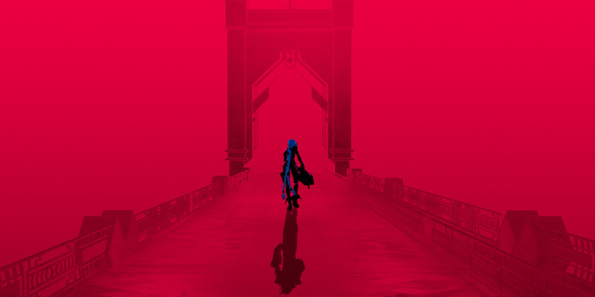 Arcane season 2 image of Jinx walking up a bridge cast in pink away from the camera
