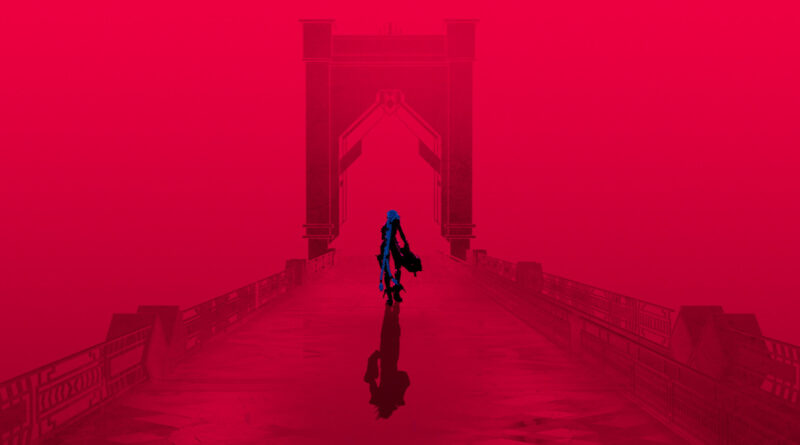 Arcane season 2 image of Jinx walking up a bridge cast in pink away from the camera