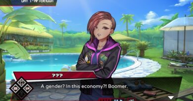 Screenshot of nonbinary Inescapable: No Rules, No Rescue character saying "A gender? In this economy?"
