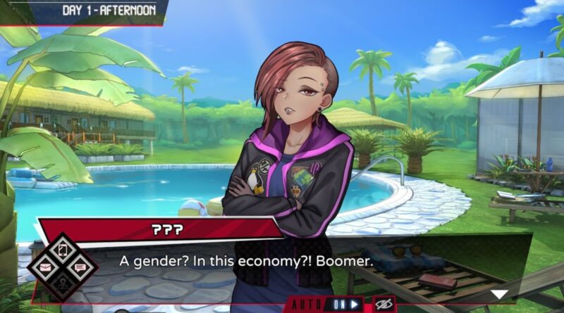 Screenshot of nonbinary Inescapable: No Rules, No Rescue character saying "A gender? In this economy?"