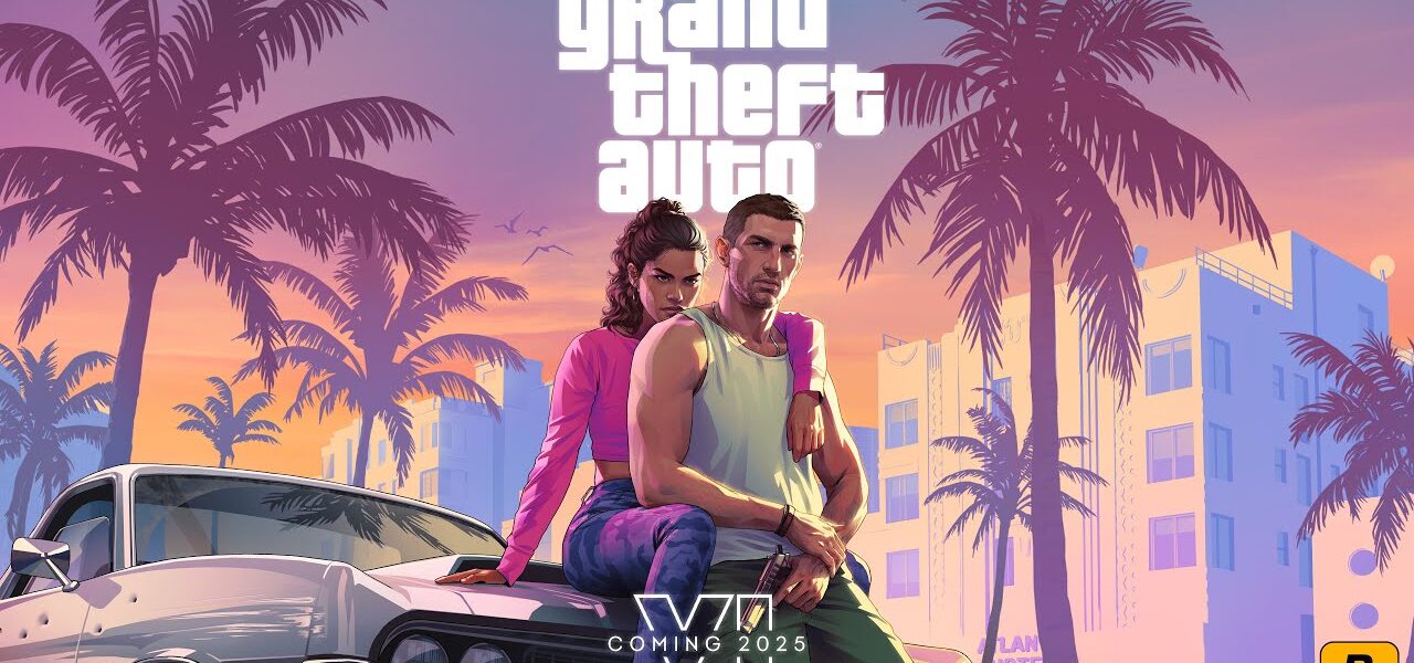 Grand Theft Auto 6 cover art featuring Lucia (left) and Jason (right) sitting on the hood of a car
