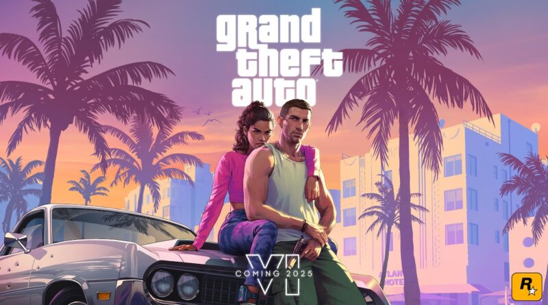 Grand Theft Auto 6 cover art featuring Lucia (left) and Jason (right) sitting on the hood of a car