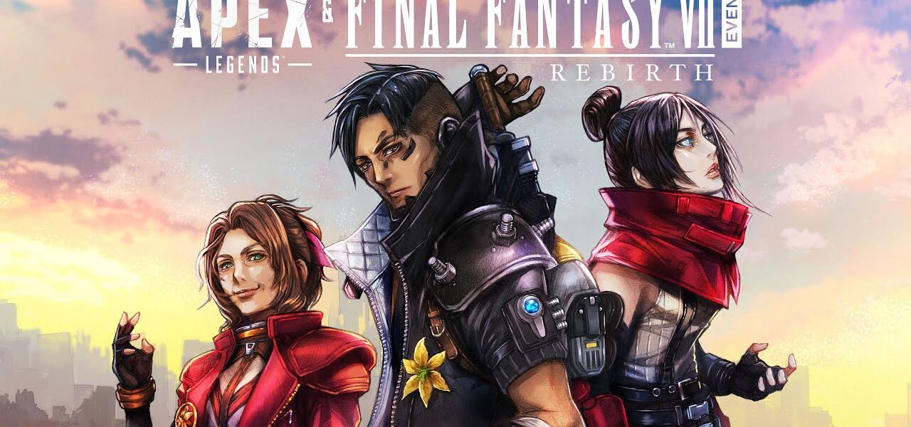 Apex Legends Final Fantasy VII REBIRTH even graphic featuring from left to right Horizon as Aerith, Crypto as Cloud, and Wraith as Tifa