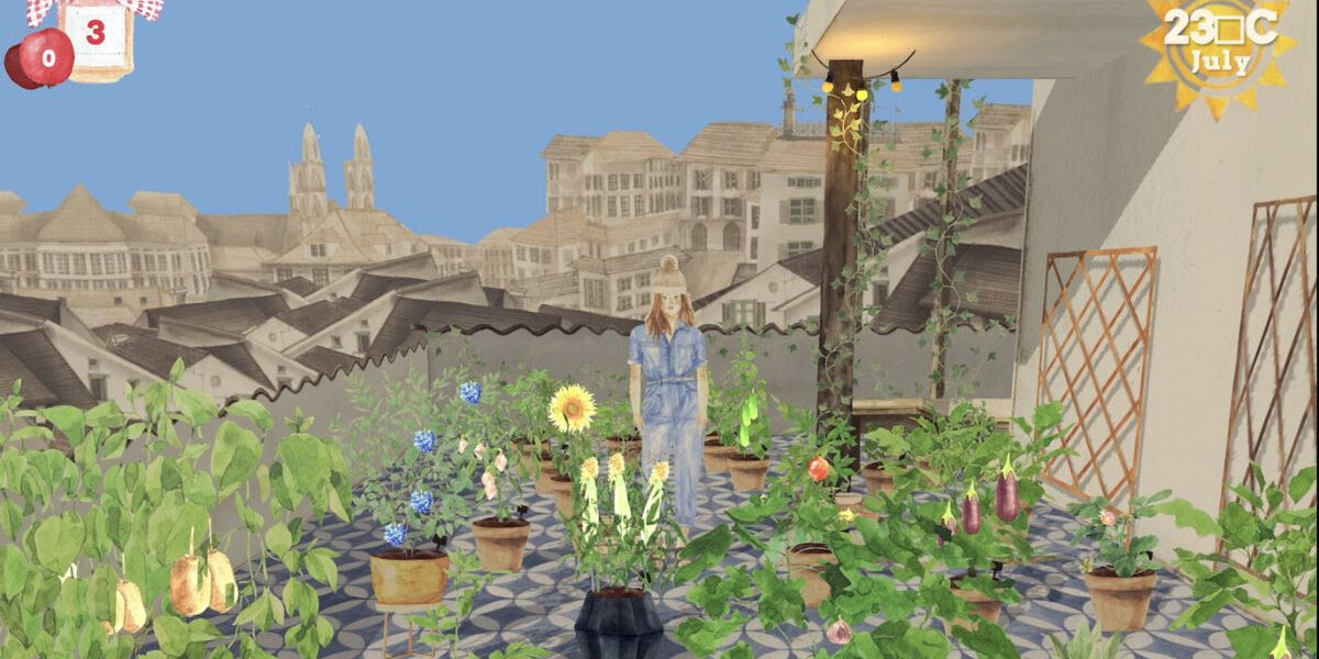Pocket Oasis screenshot of main character blond girl in balcony garden