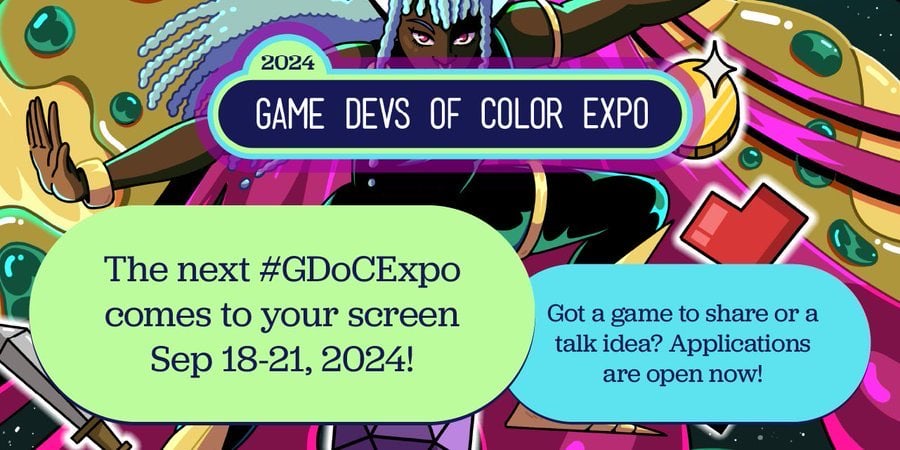 Game Devs of Color Expo graphic featuring the date and letting people know applications to participate are now open