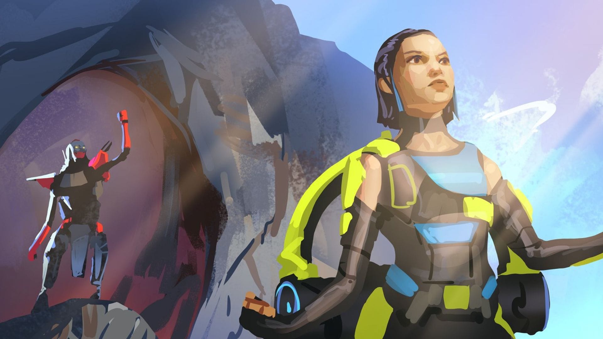Concept art for the Conduit introduction trailer in Apex Legends featuring Revenant (left) and Conduit (right)