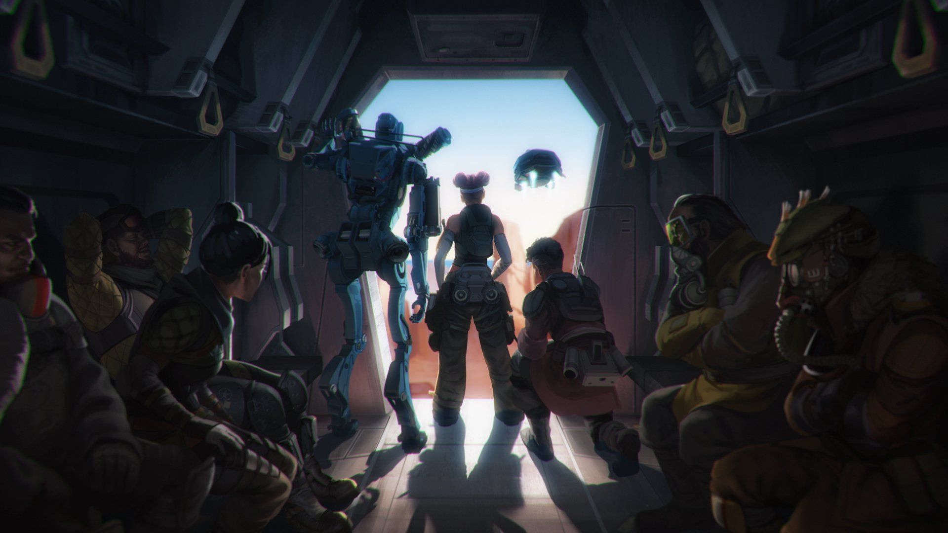 Illustration of all of the Apex Legends characters in an aircraft carrier