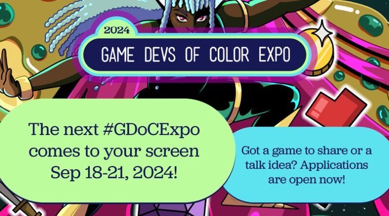 Game Devs of Color Expo graphic featuring the date and letting people know applications to participate are now open