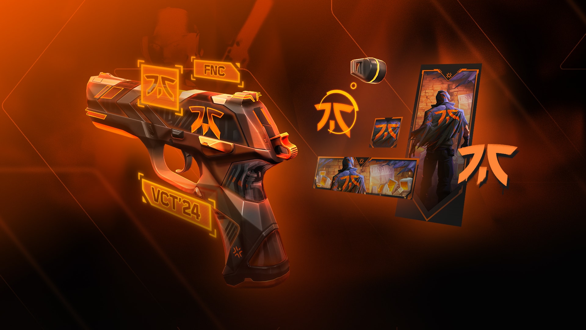 Fnatic VCT 2024 Team Capsule contents featuring a pistol skin, player card, player banner, and player icon