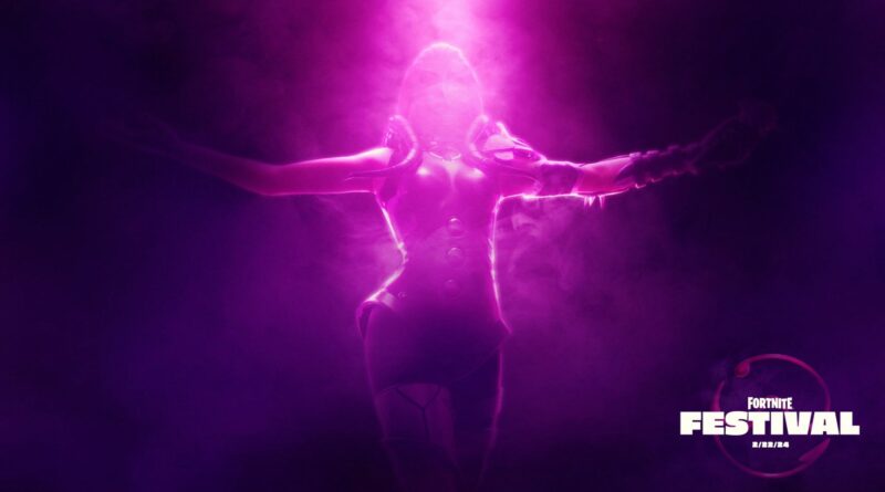 Lady Gaga Fortnite Festival graphic featuring her in-game avatar in purple light