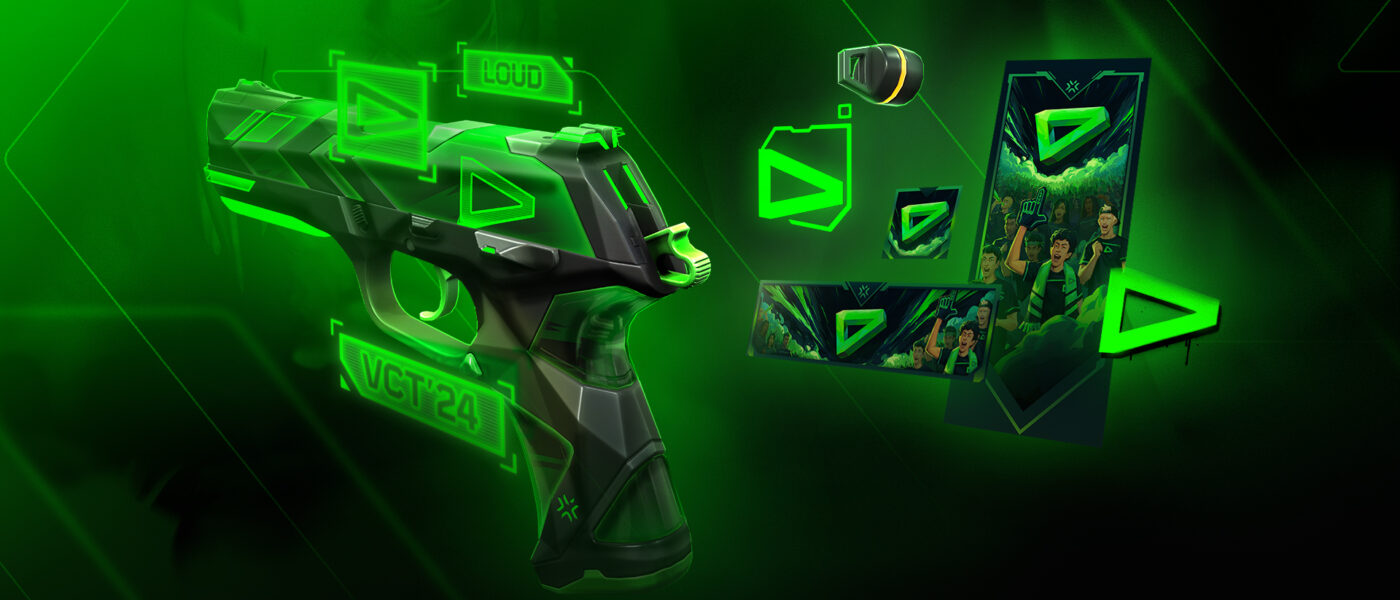 LOUD VCT 2024 Team Capsule contents featuring a pistol skin, player card, player banner, and player icon