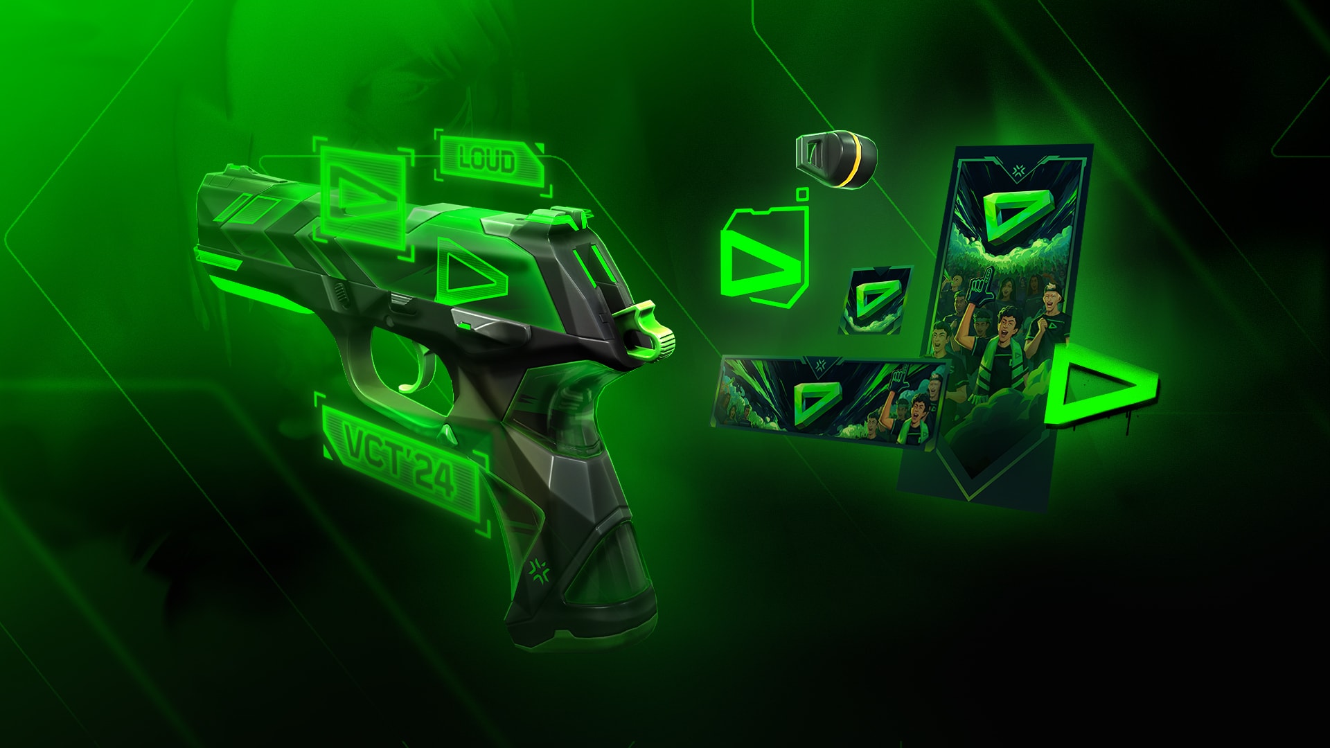 LOUD VCT 2024 Team Capsule contents featuring a pistol skin, player card, player banner, and player icon