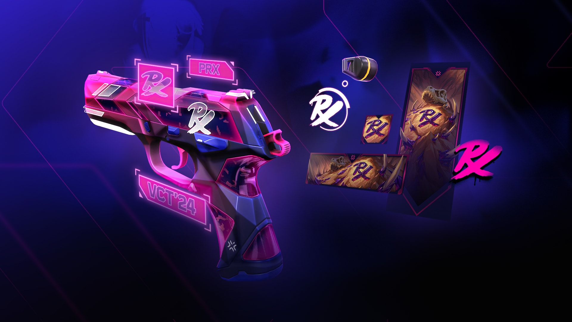 Paper Rex VCT 2024 Team Capsule contents featuring a pistol skin, player card, player banner, and player icon