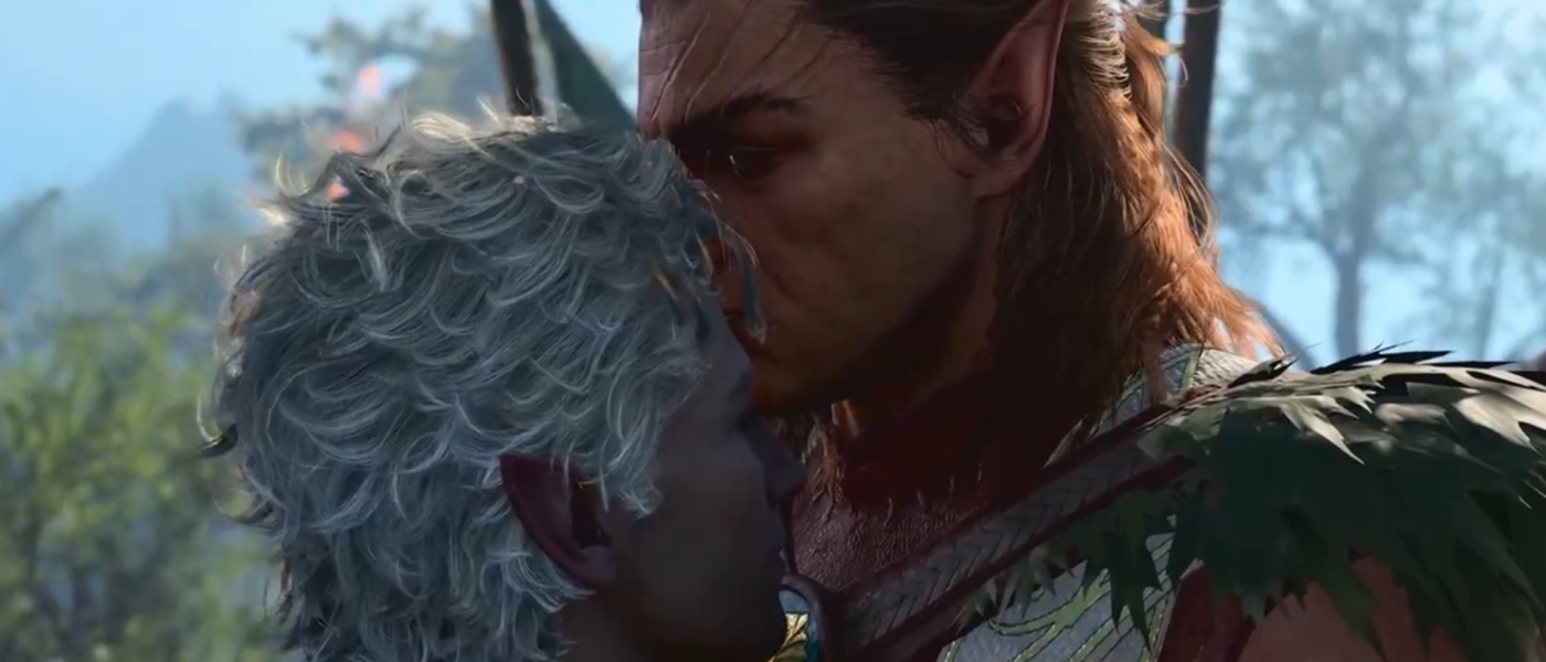 Screenshot of Halsin kissing Astarion on the forehead in Baldur's Gate 3 Patch 6