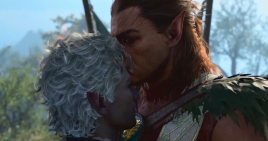 Screenshot of Halsin kissing Astarion on the forehead in Baldur's Gate 3 Patch 6