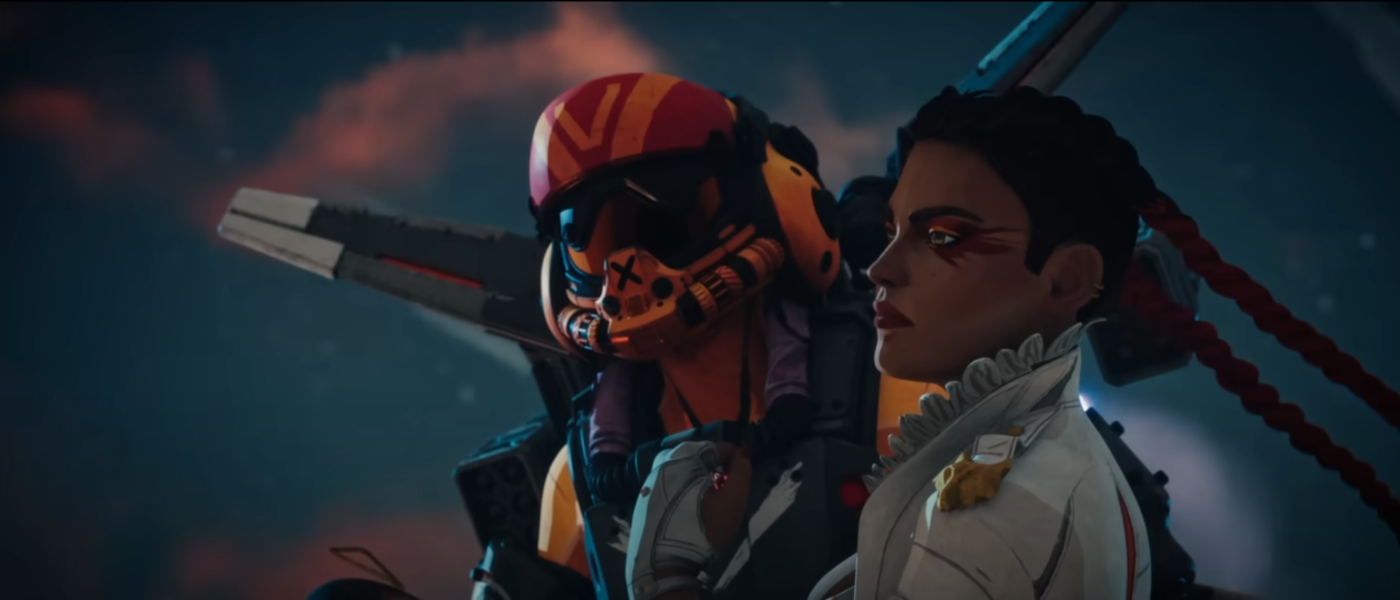 Valkyrie holding Loba in her arms while flying in Apex Legends Kill Code Part 1
