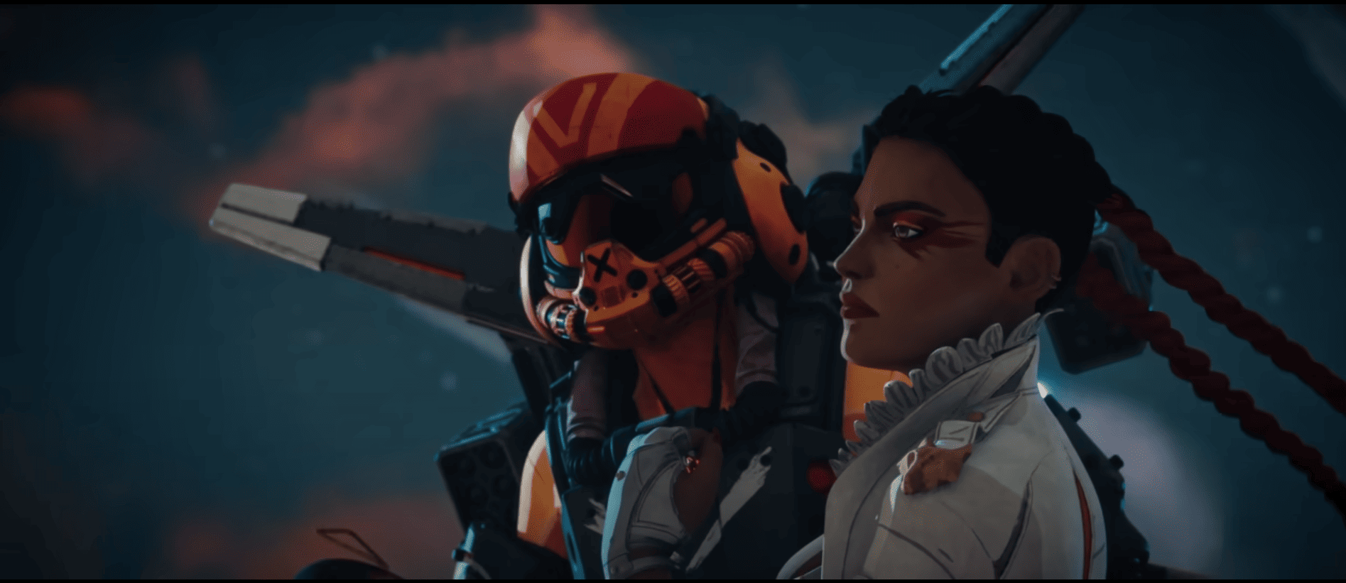 Valkyrie holding Loba in her arms while flying in Apex Legends Kill Code Part 1