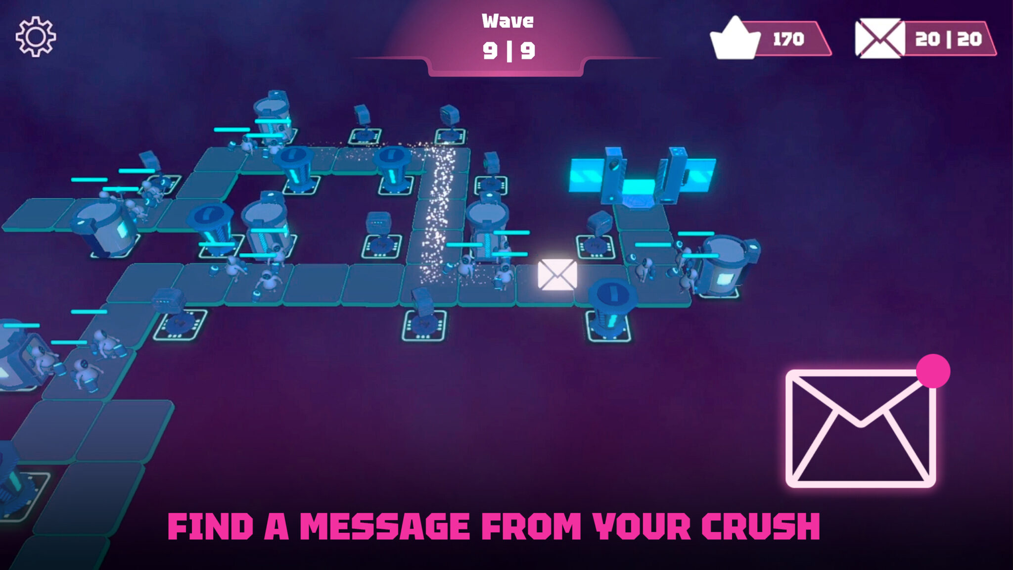 Crush Link TD screenshot of the game board on wave 9/9 with the text "find a message from your crush"