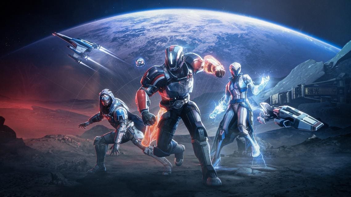 Commander Shepard-inspired N7 set for Titans, a Garrus-inspired Vakarian set for Hunters, and a Liara-inspired Shadow Broker set for Warlocks. 