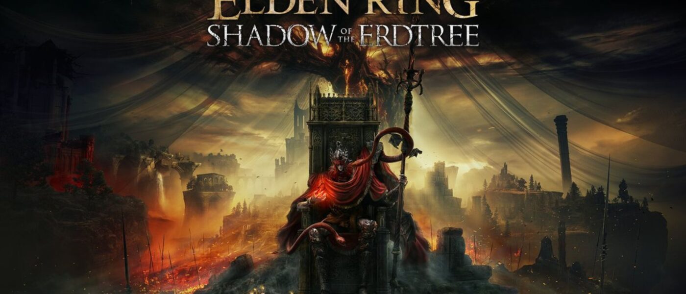 Elden Ring Shadow of the Erdtree art featuring the land of shadow with Messmer the Impaler sitting on a throne in the foreground