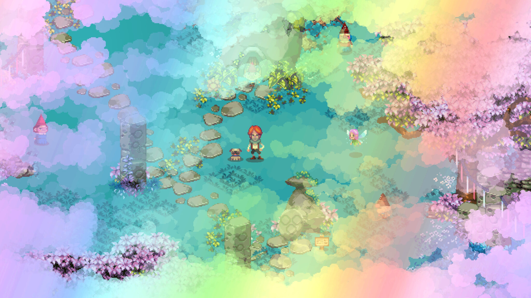 Kynseed screenshot of player character standing in a glade with a pug and fairies and gnomes