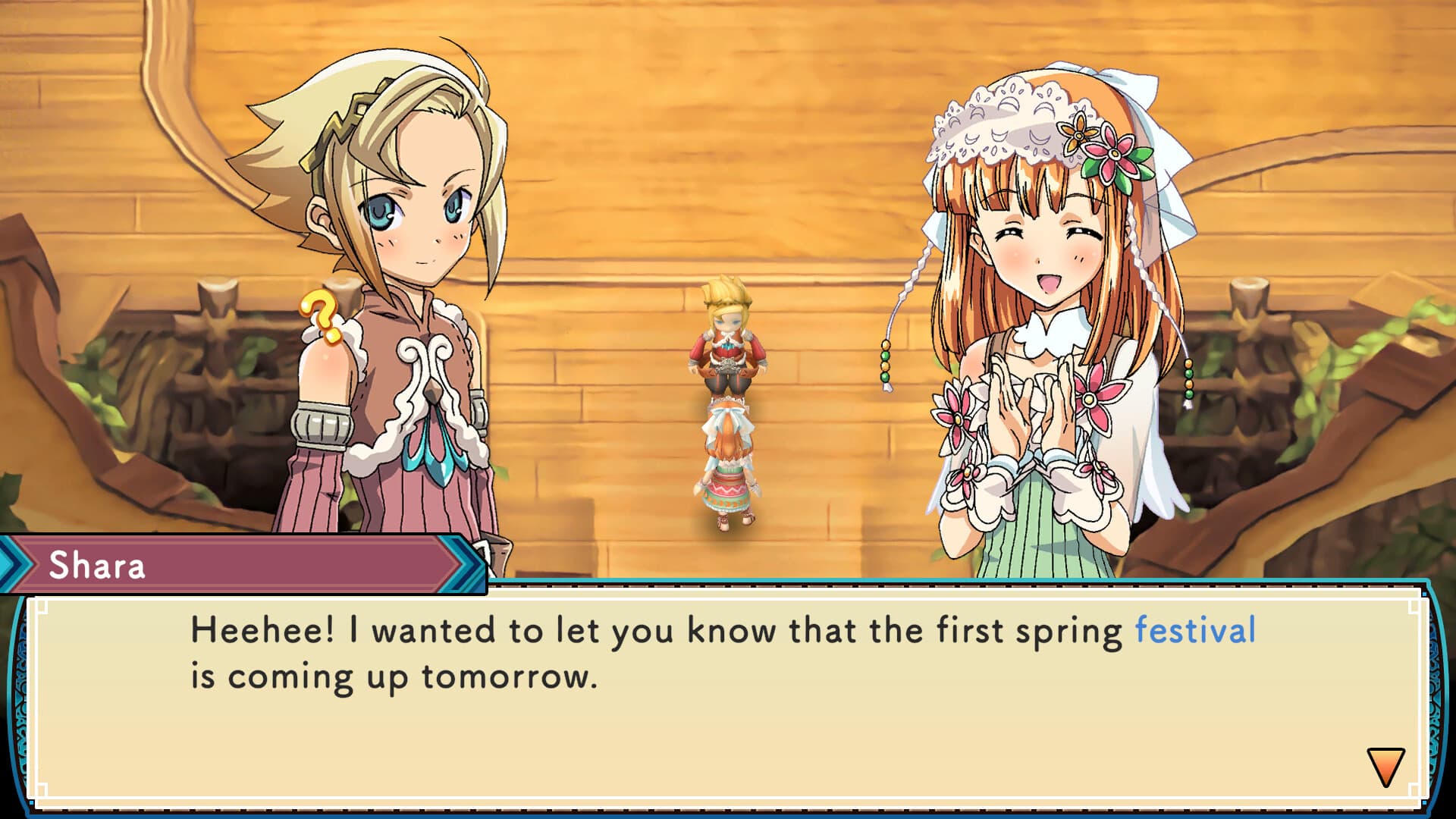 Rune Factory 3 Special screenshot of Shara saying "heehee! I wanted to let you know that the first spring festival is coming up tomorrow."